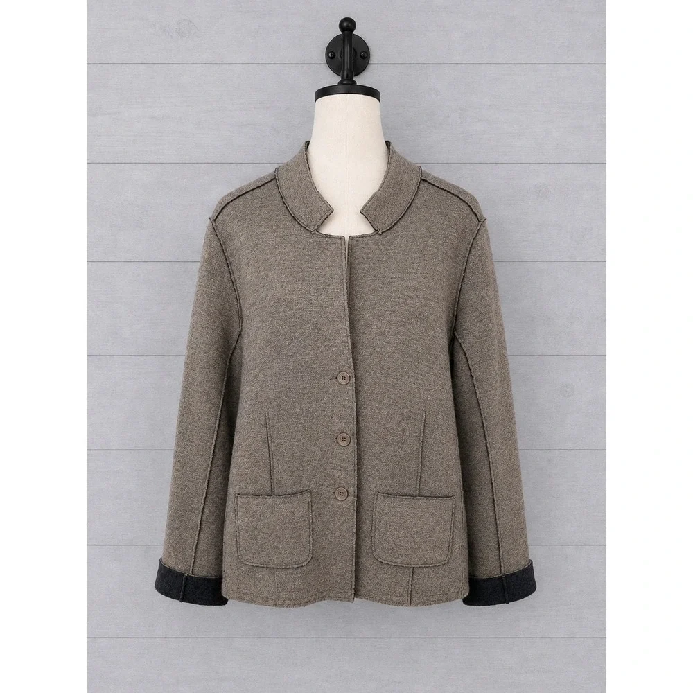 Eileen Fisher Merino Wool Jacket Brown Stand Collar Front Pockets Size Large